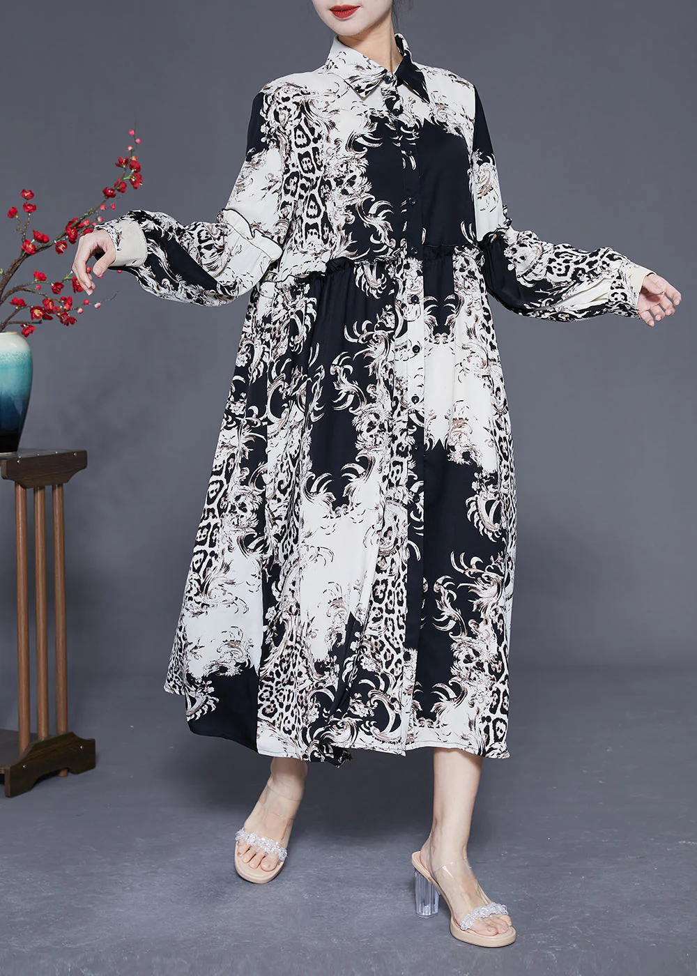 Stylish Colorblock Ruffled Oversized Print Chiffon Shirt Dress Spring - Image 3