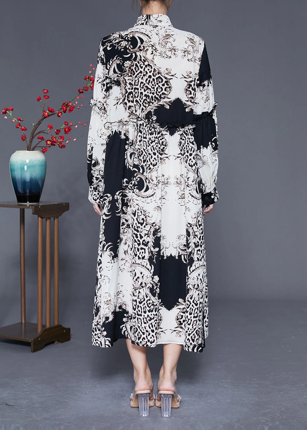 Stylish Colorblock Ruffled Oversized Print Chiffon Shirt Dress Spring - Image 4