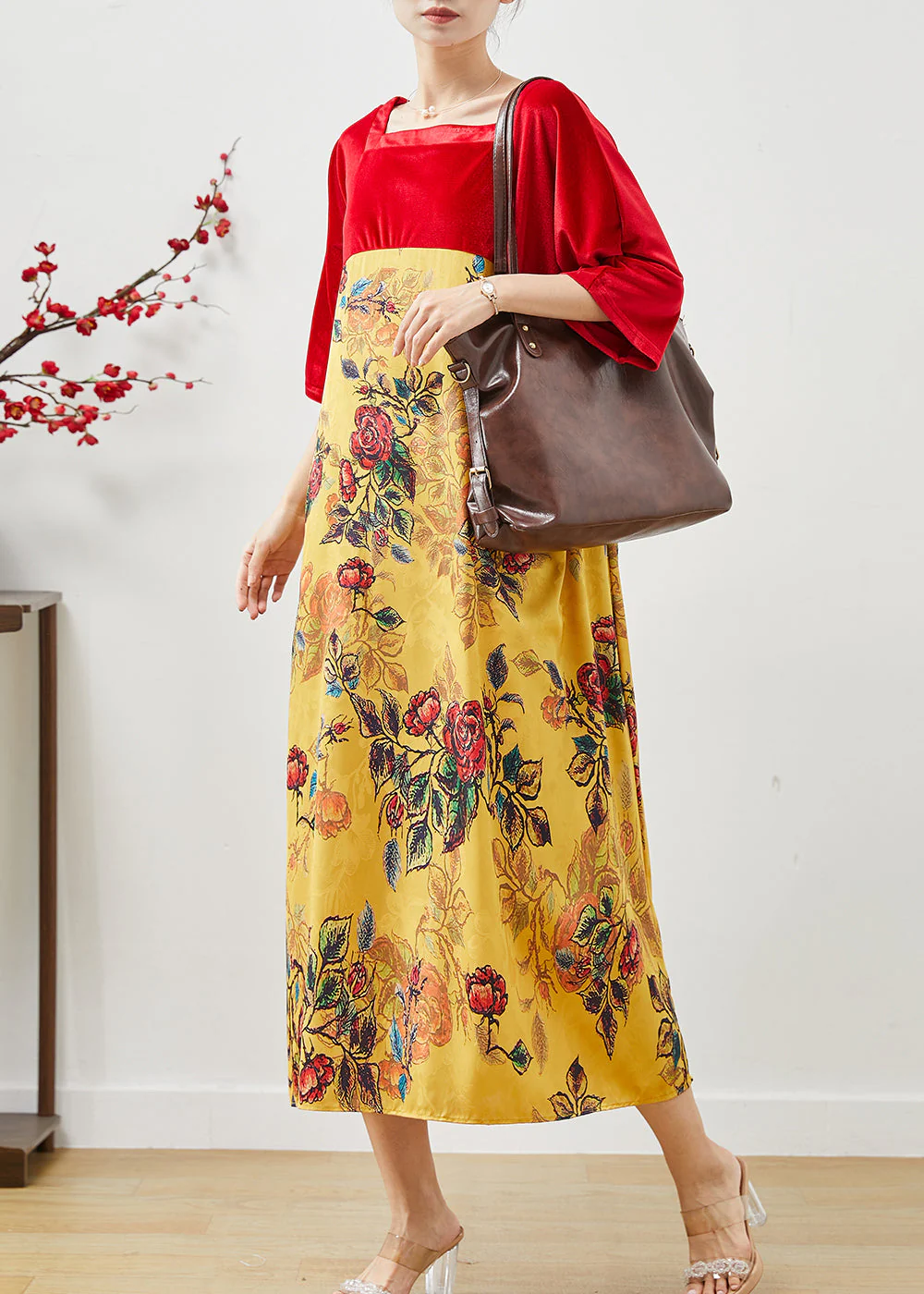 Stylish Colorblock Square Collar Patchwork Silk Velvet Dress Summer - Image 2