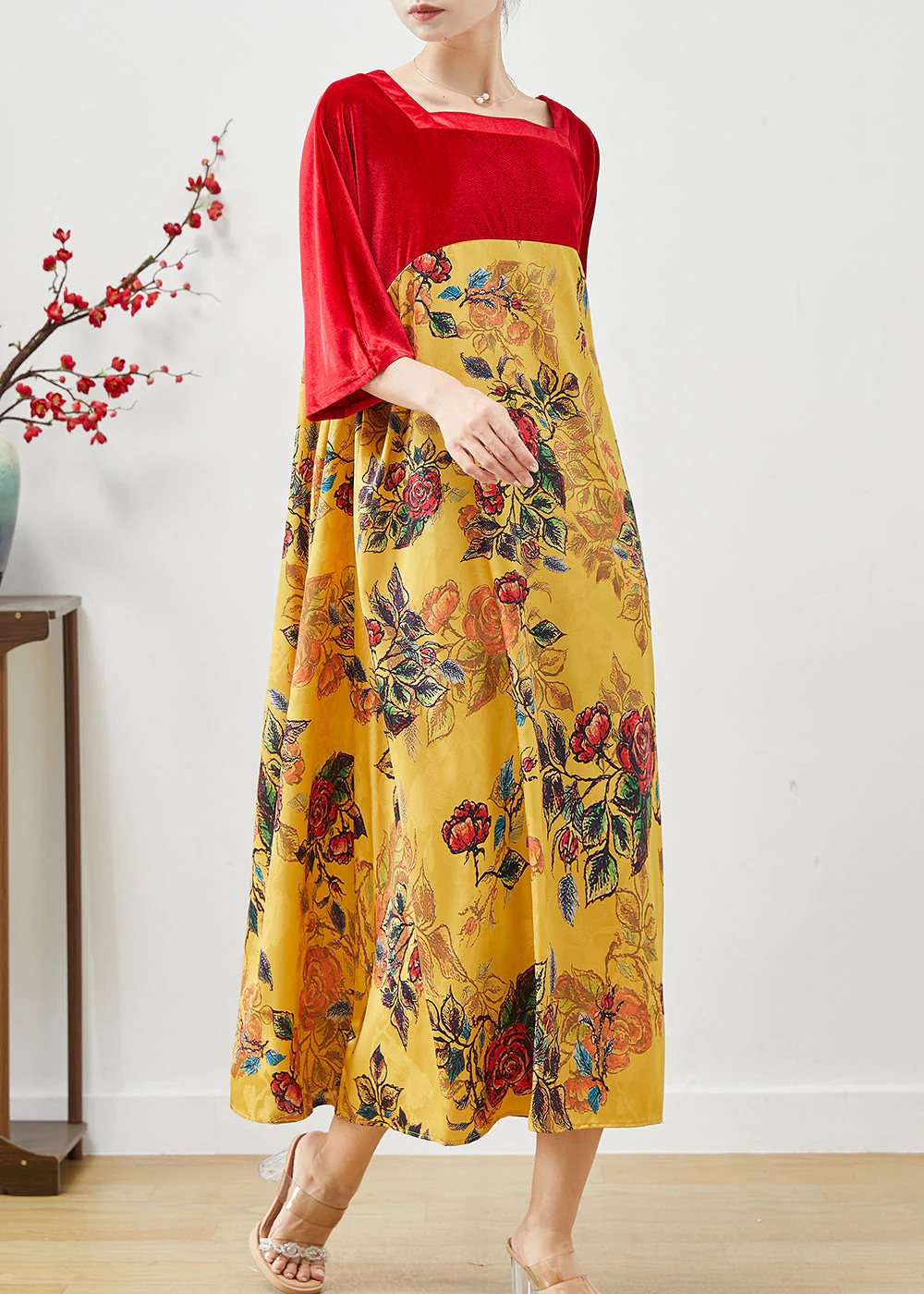 Stylish Colorblock Square Collar Patchwork Silk Velvet Dress Summer - Image 3