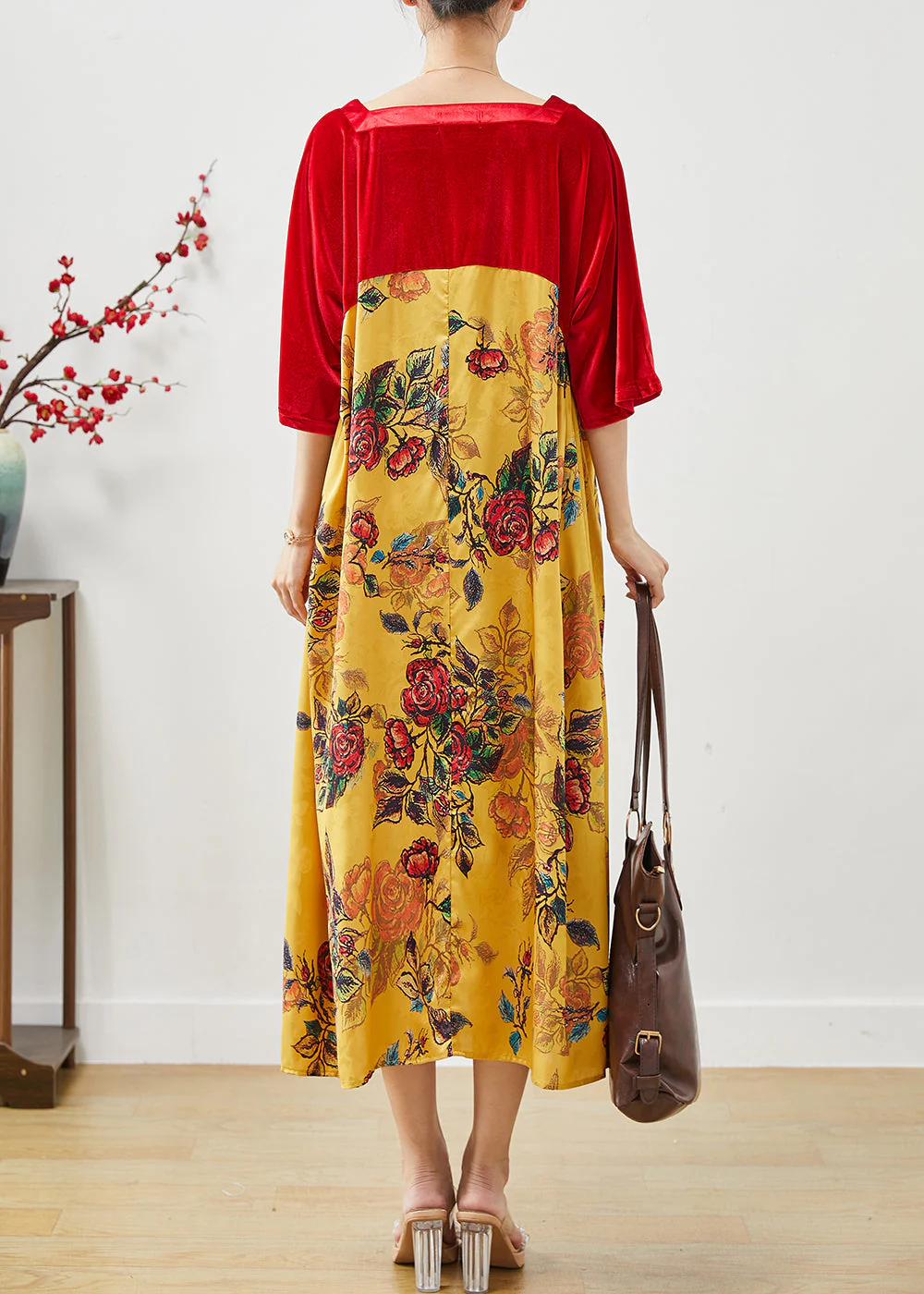 Stylish Colorblock Square Collar Patchwork Silk Velvet Dress Summer - Image 4