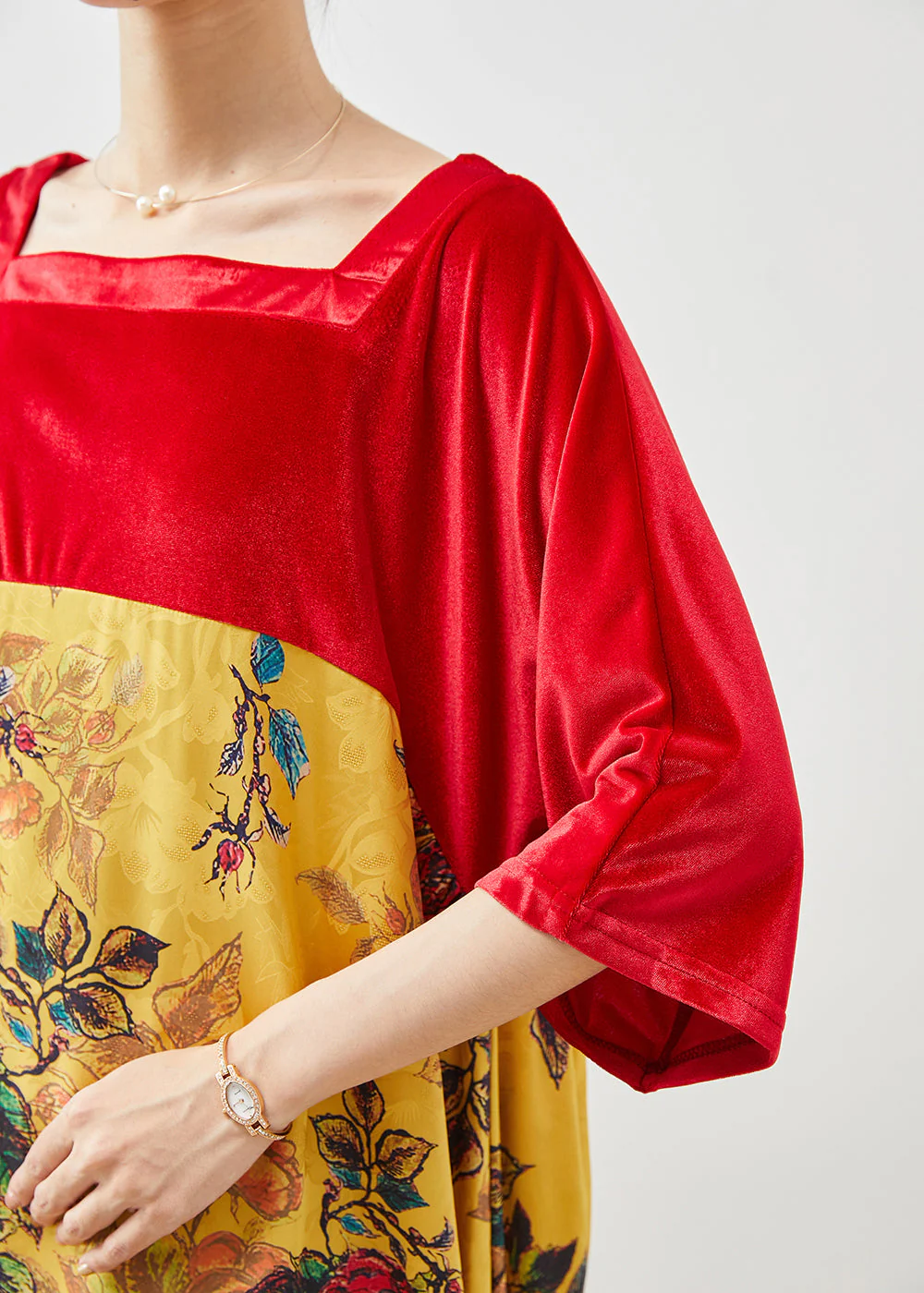Stylish Colorblock Square Collar Patchwork Silk Velvet Dress Summer - Image 5