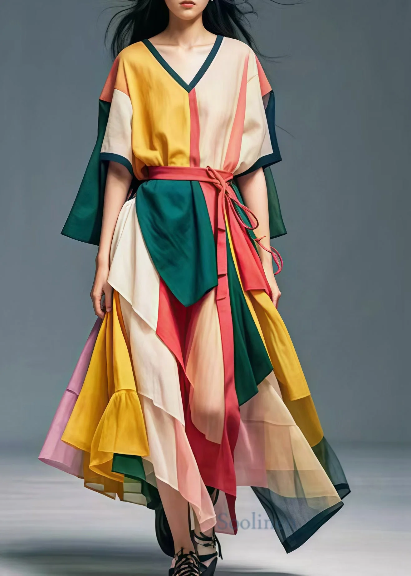 Stylish Colorblock V Neck Patchwork Tulle Ankle Dress Summer - Image 2