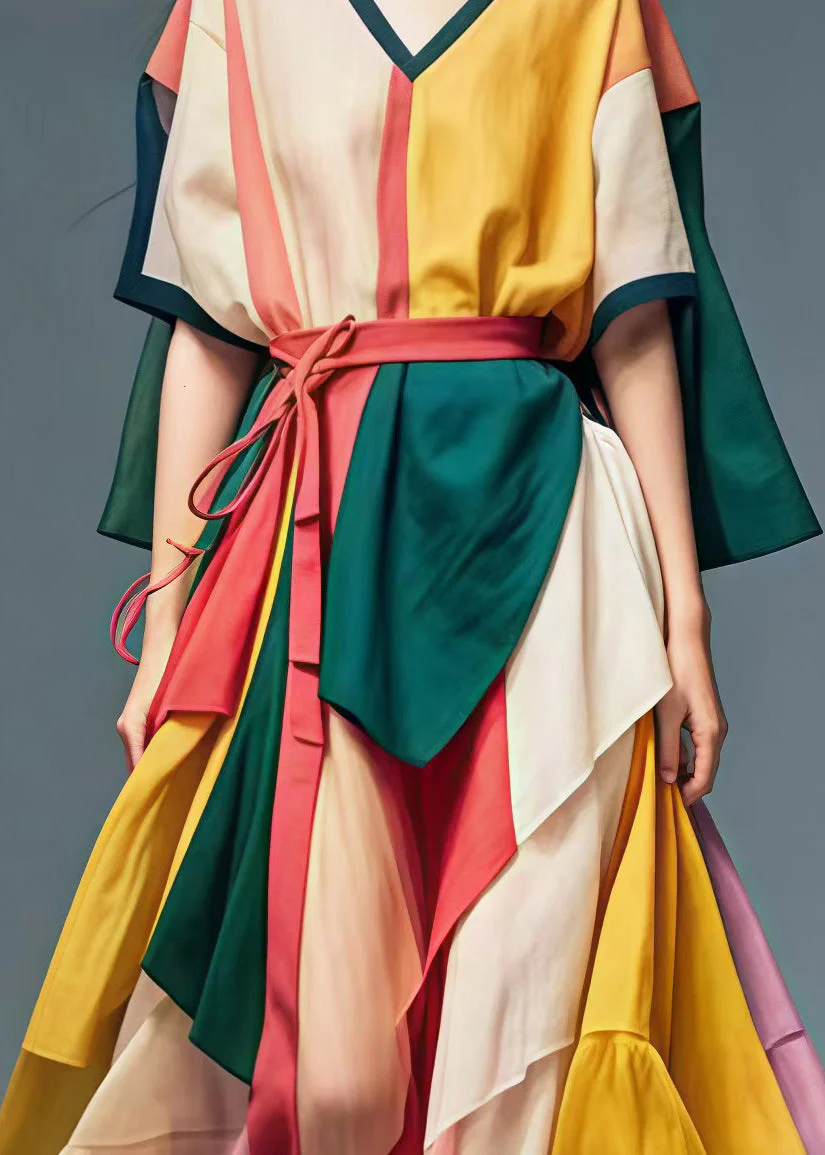 Stylish Colorblock V Neck Patchwork Tulle Ankle Dress Summer - Image 4