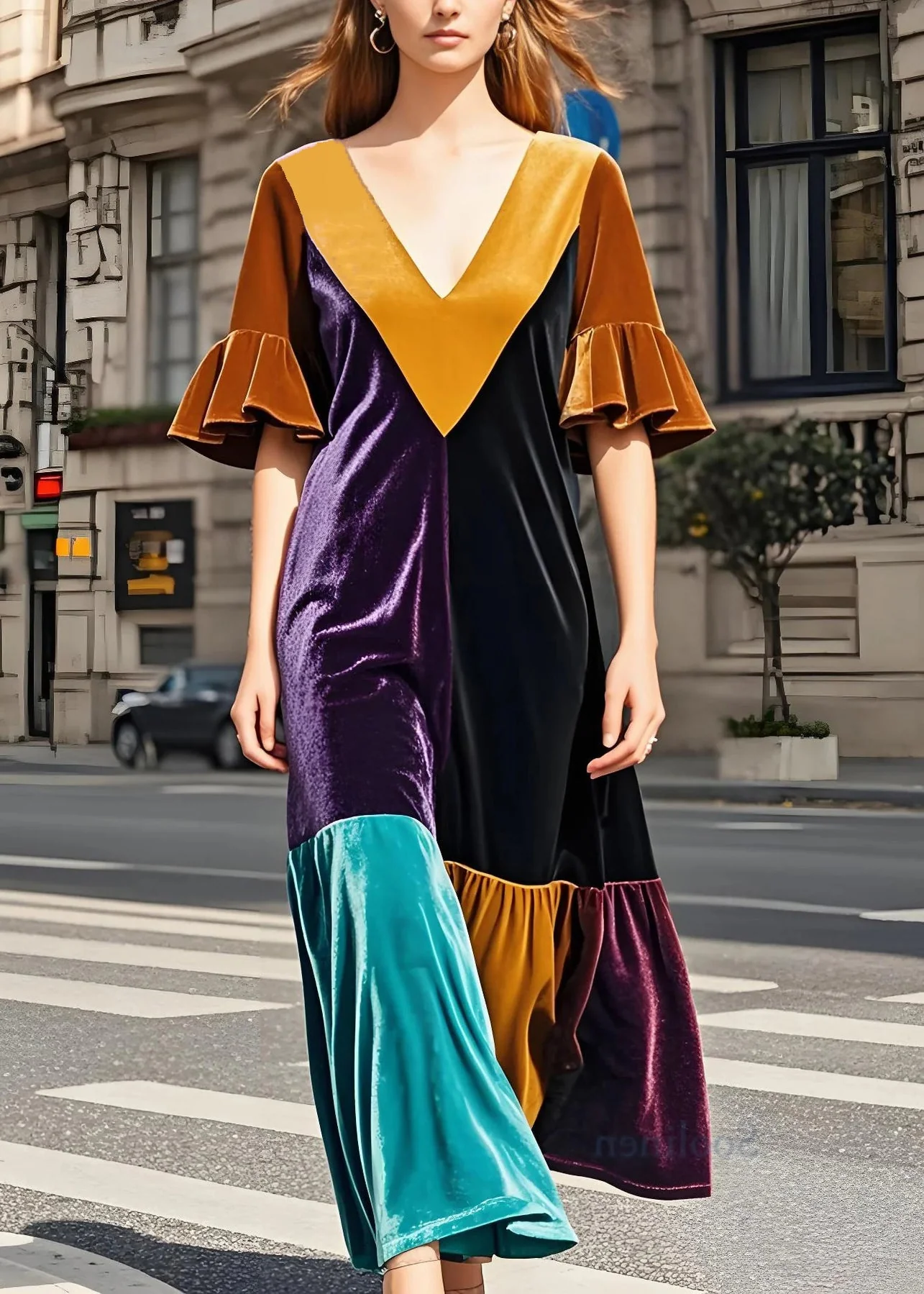 Stylish Colorblock V Neck Patchwork Velvet Dress Butterfly Sleeve - Image 2