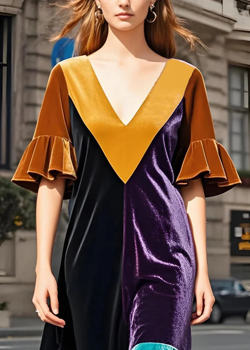 Stylish Colorblock V Neck Patchwork Velvet Dress Butterfly Sleeve - Image 3