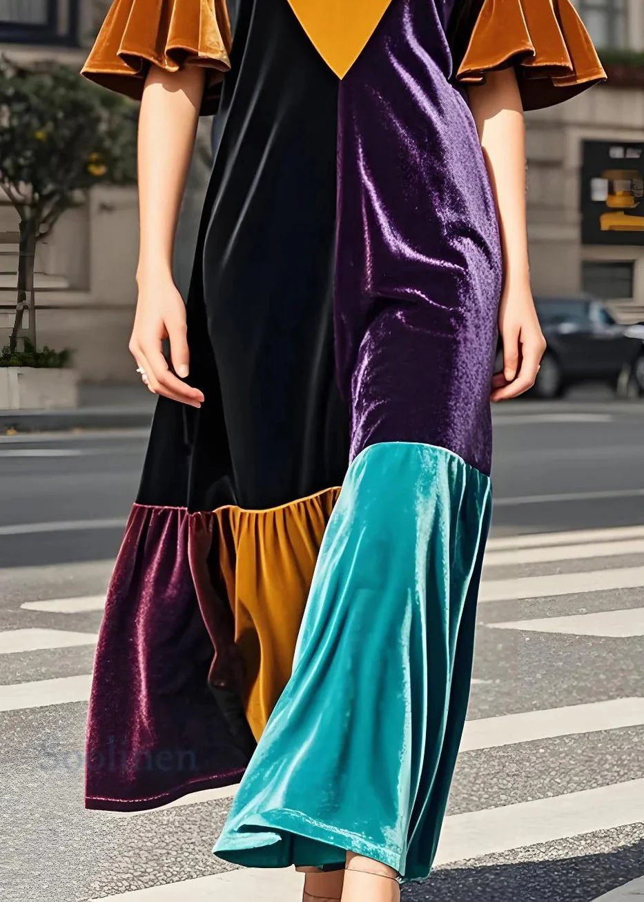 Stylish Colorblock V Neck Patchwork Velvet Dress Butterfly Sleeve - Image 4