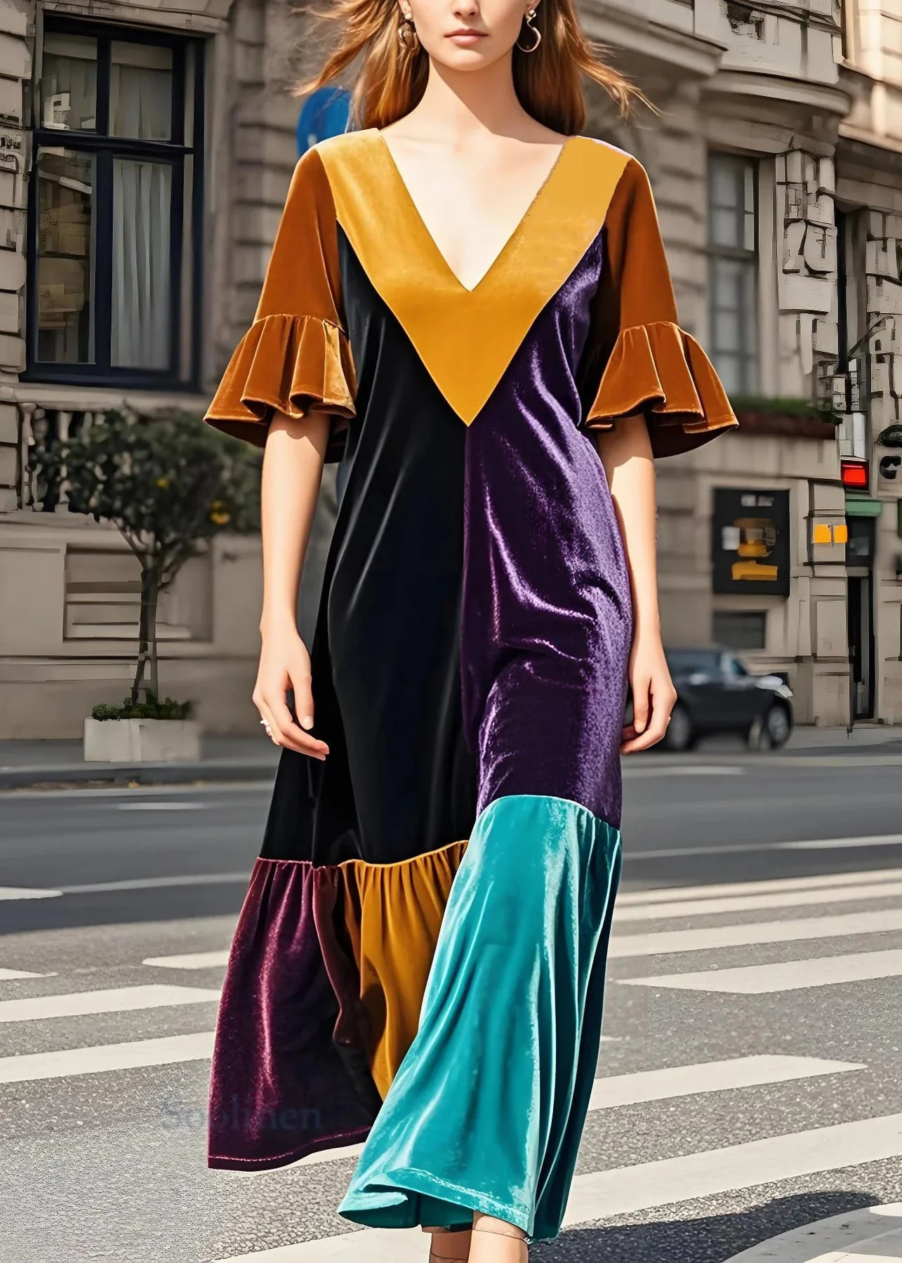 Stylish Colorblock V Neck Patchwork Velvet Dress Butterfly Sleeve - Image 5