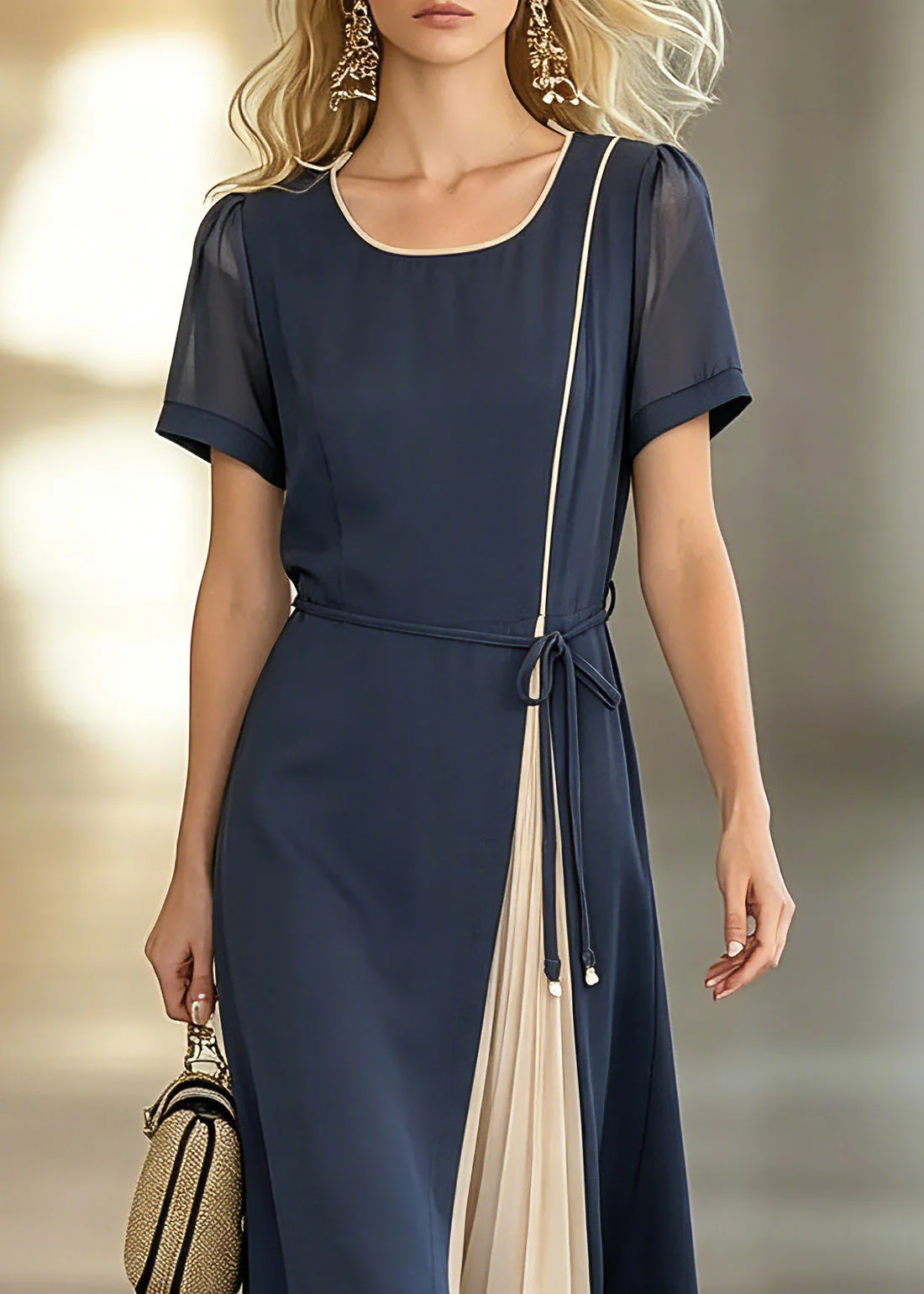 Stylish Dark Blue O-Neck Asymmetrical Patchwork Tie Waist Chiffon Maxi Dresses Short Sleeve - Image 2