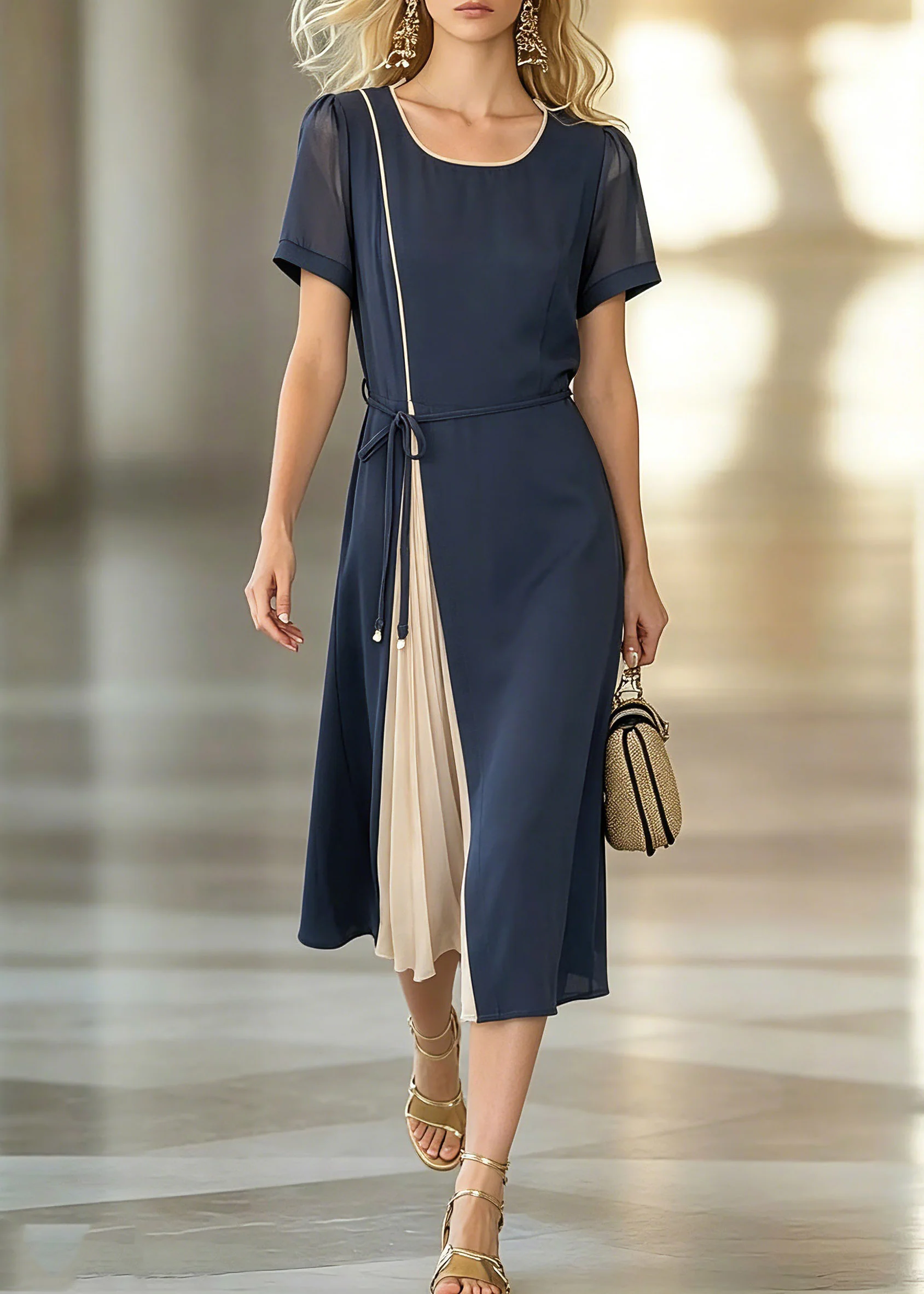 Stylish Dark Blue O-Neck Asymmetrical Patchwork Tie Waist Chiffon Maxi Dresses Short Sleeve - Image 3
