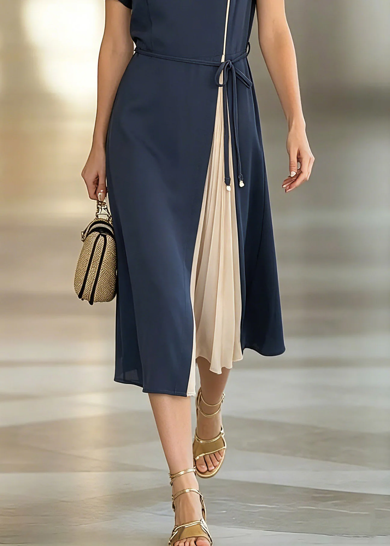 Stylish Dark Blue O-Neck Asymmetrical Patchwork Tie Waist Chiffon Maxi Dresses Short Sleeve - Image 4