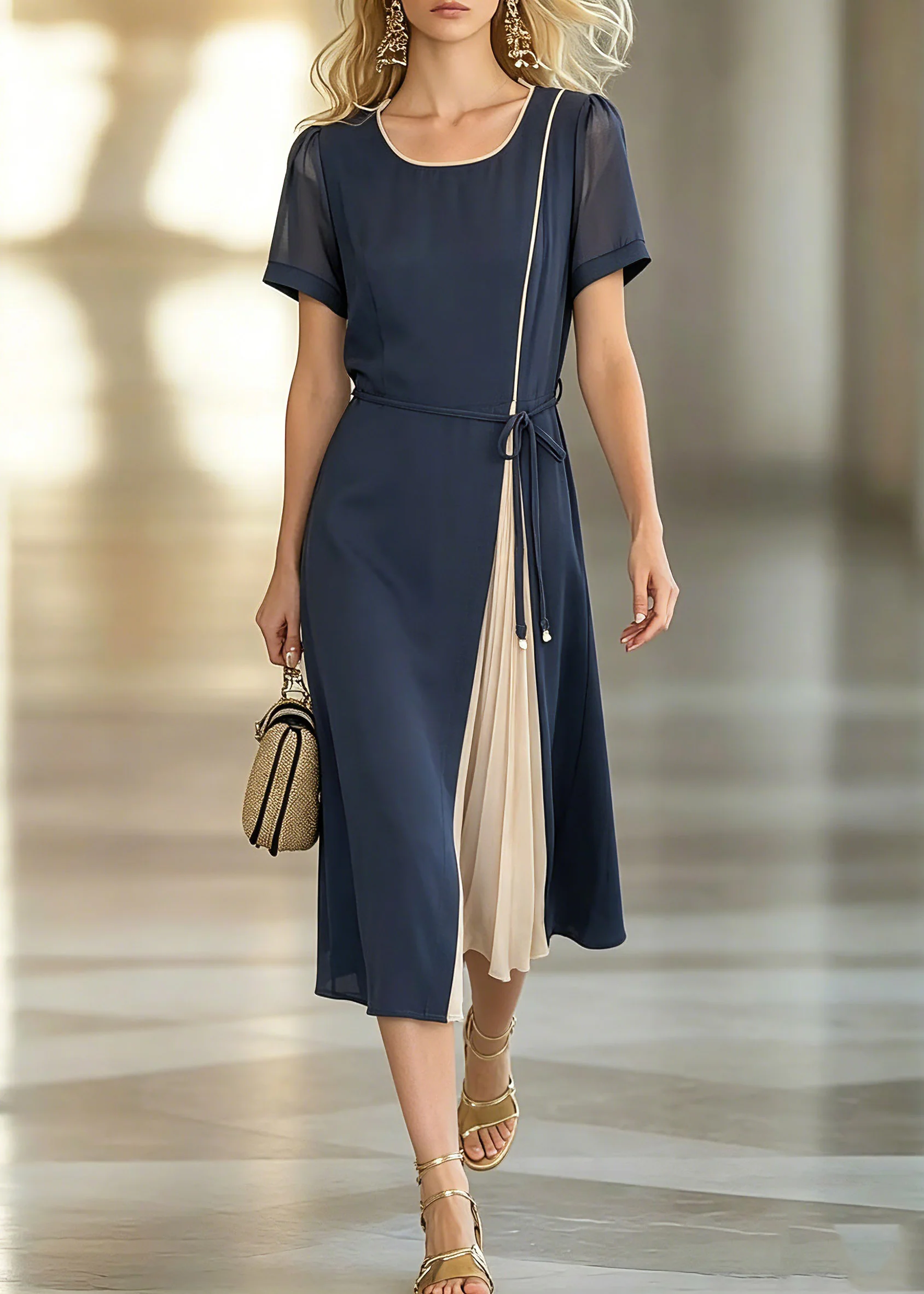 Stylish Dark Blue O-Neck Asymmetrical Patchwork Tie Waist Chiffon Maxi Dresses Short Sleeve - Image 5