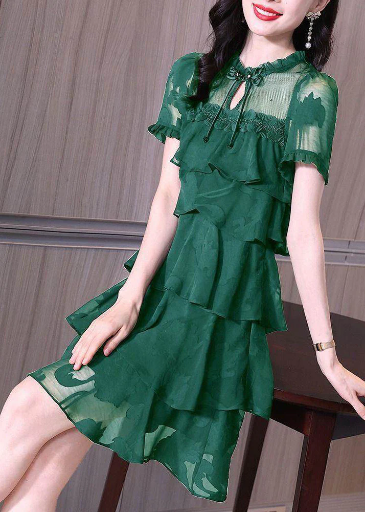 Stylish Dark Green Ruffled Patchwork Chiffon Dress Summer - Image 2