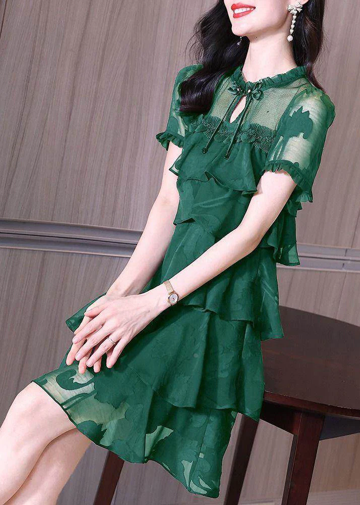 Stylish Dark Green Ruffled Patchwork Chiffon Dress Summer - Image 3