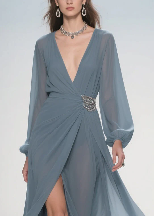 Stylish Deep Smoggy Blue V Neck Wrinkled Side Open Party Dress Spring - Image 2