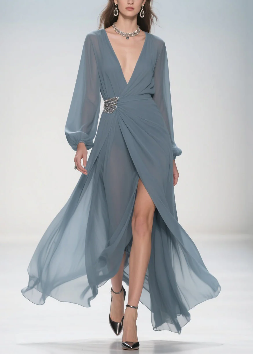 Stylish Deep Smoggy Blue V Neck Wrinkled Side Open Party Dress Spring - Image 3