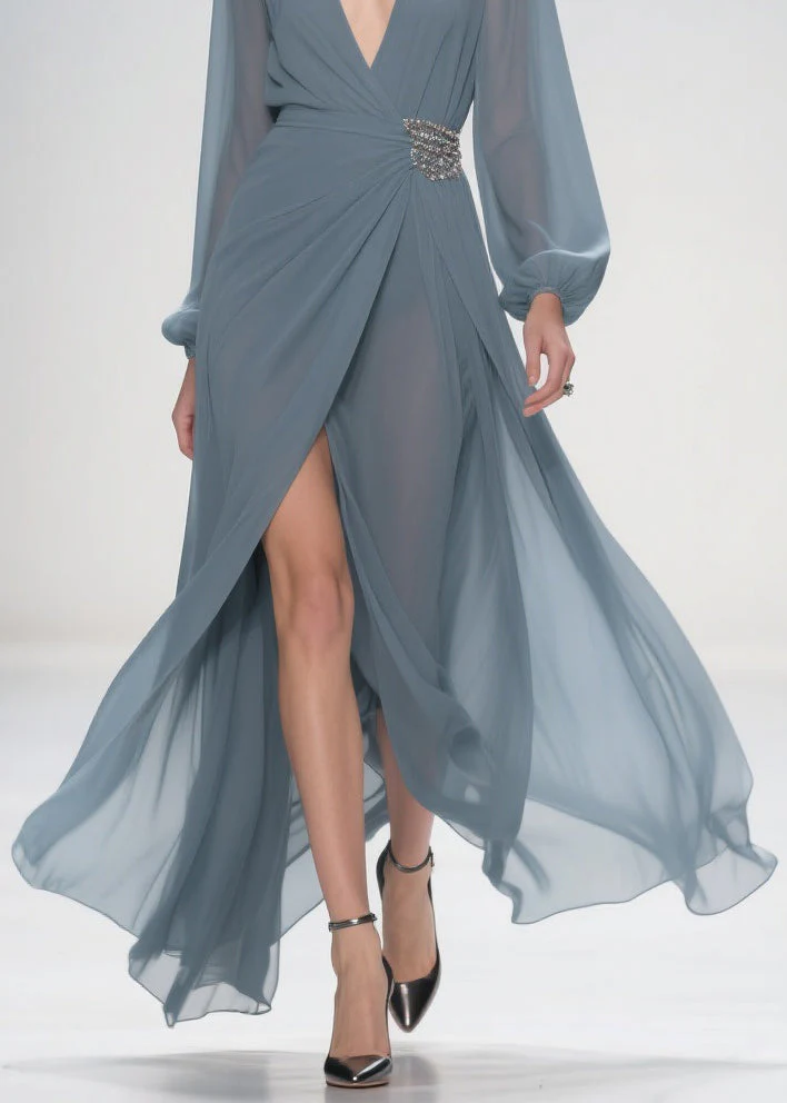 Stylish Deep Smoggy Blue V Neck Wrinkled Side Open Party Dress Spring - Image 4