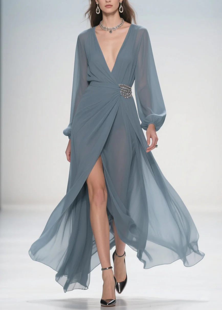 Stylish Deep Smoggy Blue V Neck Wrinkled Side Open Party Dress Spring - Image 5