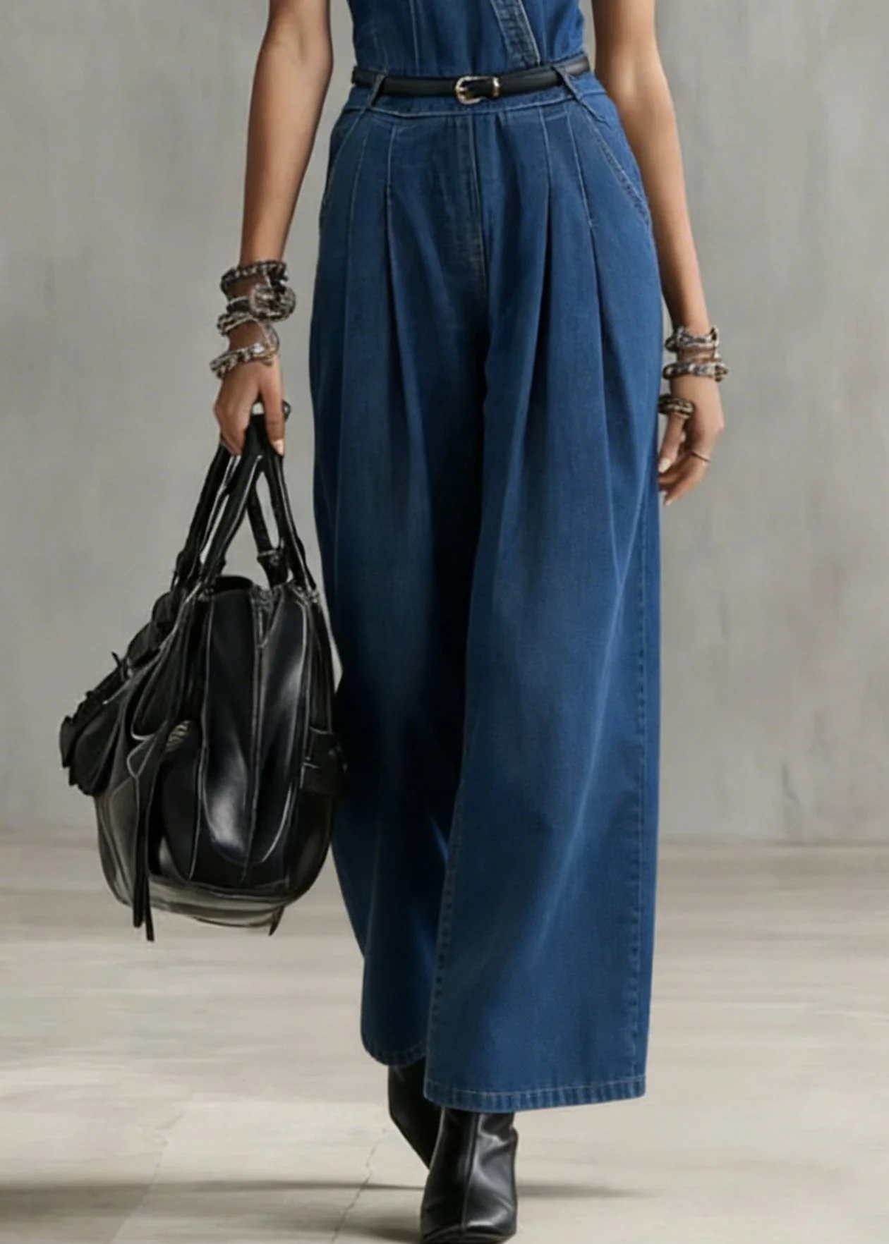 Stylish Denim Blue V Neck Tunic Sashes Jumpsuit Sleeveless - Image 4