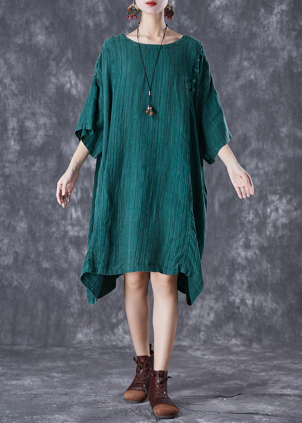 Stylish Dull Green Oversized Striped Linen Dresses Batwing Sleeve - Image 2