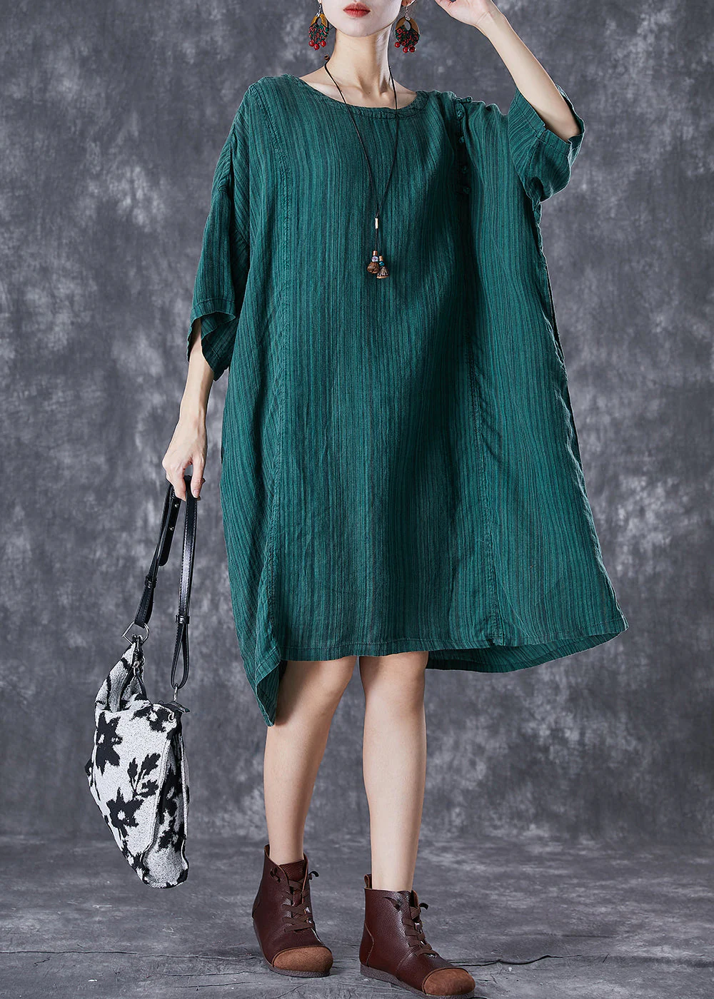 Stylish Dull Green Oversized Striped Linen Dresses Batwing Sleeve - Image 3