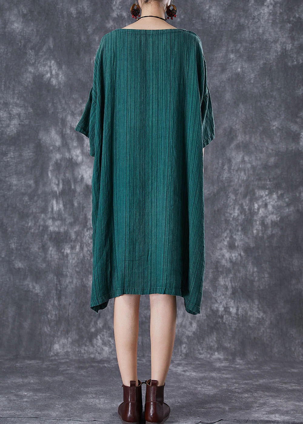 Stylish Dull Green Oversized Striped Linen Dresses Batwing Sleeve - Image 4