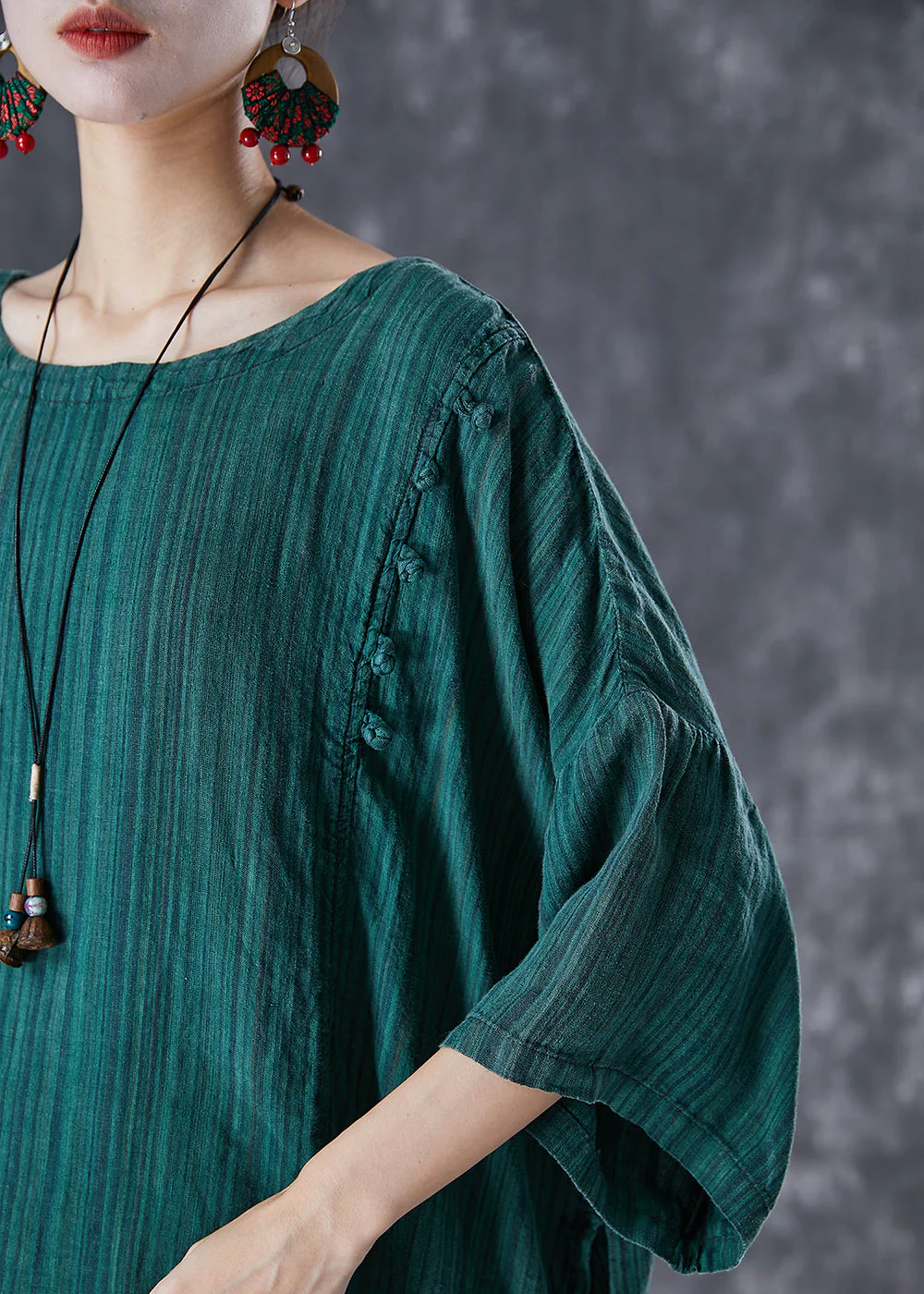 Stylish Dull Green Oversized Striped Linen Dresses Batwing Sleeve - Image 5