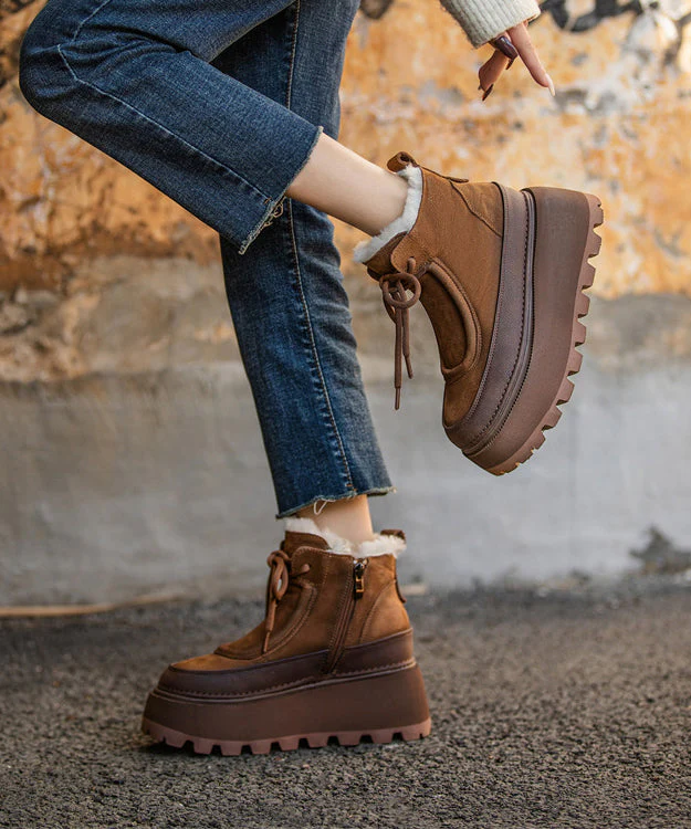 Stylish Fuzzy Wool Lined Splicing Platform Boots Brown Cowhide Leather - Image 3
