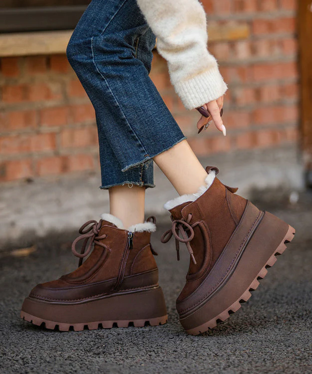 Stylish Fuzzy Wool Lined Splicing Platform Boots Brown Cowhide Leather - Image 4