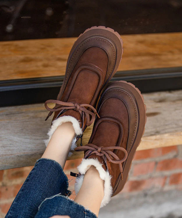 Stylish Fuzzy Wool Lined Splicing Platform Boots Brown Cowhide Leather - Image 5