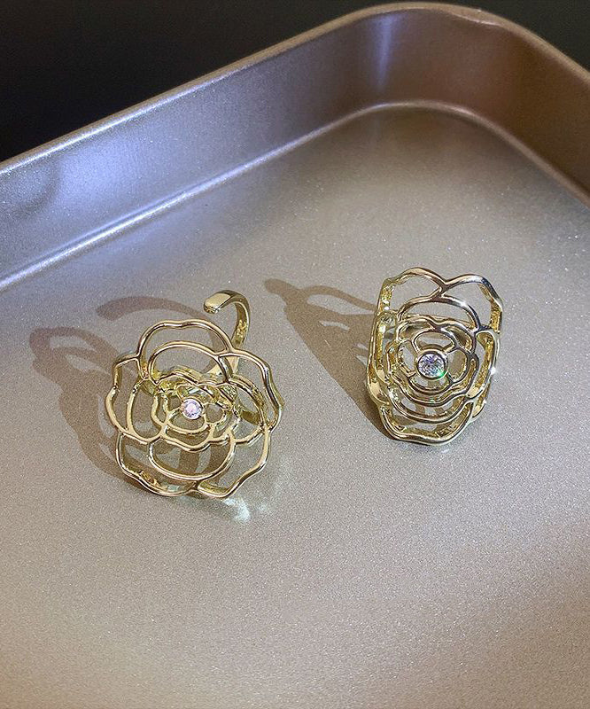 Stylish Gold Alloy Zircon Hollow Out Rose Open Rings Two-Piece Set - Image 2