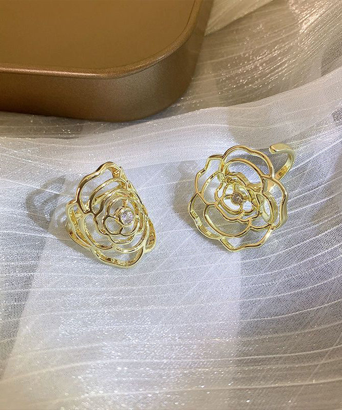 Stylish Gold Alloy Zircon Hollow Out Rose Open Rings Two-Piece Set - Image 5