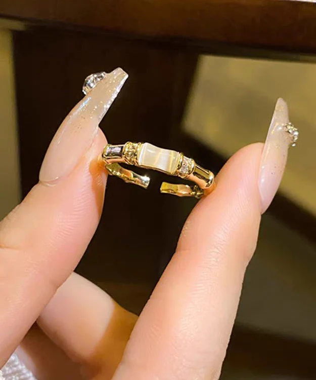 Stylish Gold Cat's Eeye Chalcedony Bamboo Joint Gold Plated Open Mouth Rings - Image 5