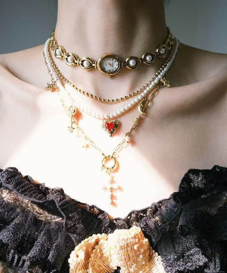 Stylish Gold Clock Love Pearl Layering Titanium Steel Two Piece Set Pendant Necklace - Image 2