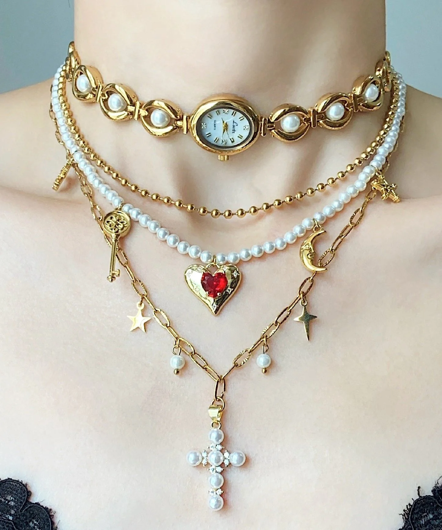Stylish Gold Clock Love Pearl Layering Titanium Steel Two Piece Set Pendant Necklace - Image 3
