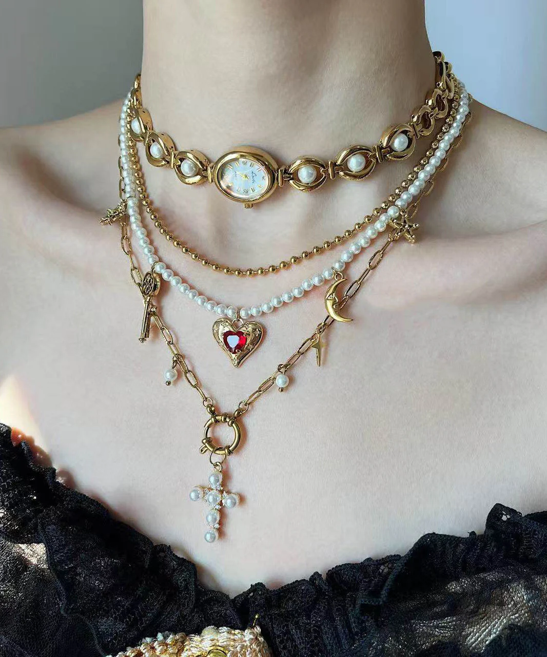 Stylish Gold Clock Love Pearl Layering Titanium Steel Two Piece Set Pendant Necklace - Image 4