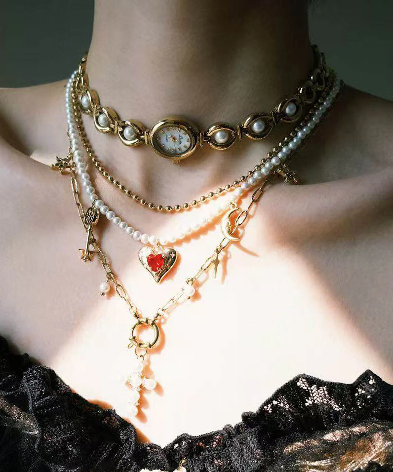 Stylish Gold Clock Love Pearl Layering Titanium Steel Two Piece Set Pendant Necklace - Image 5