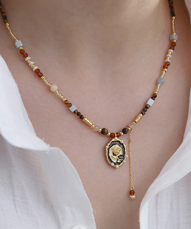 Stylish Gold Copper Alloy Tiger's Eye Stone Pearl Pendant Necklace - Image 2