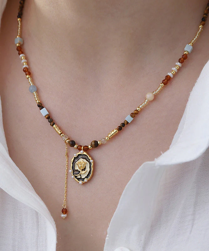 Stylish Gold Copper Alloy Tiger's Eye Stone Pearl Pendant Necklace - Image 3