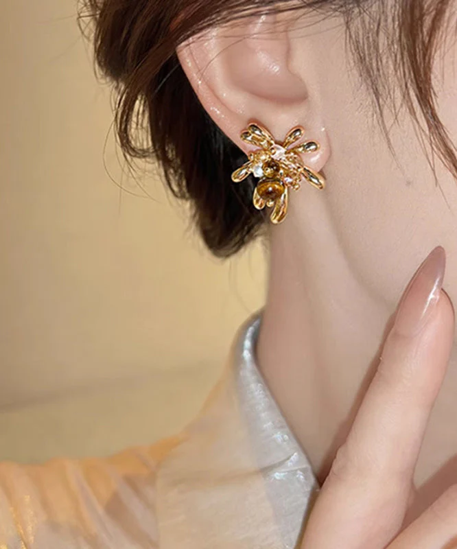 Stylish Gold Copper Overgild Pearl Fireworks Stud Earrings - Image 3