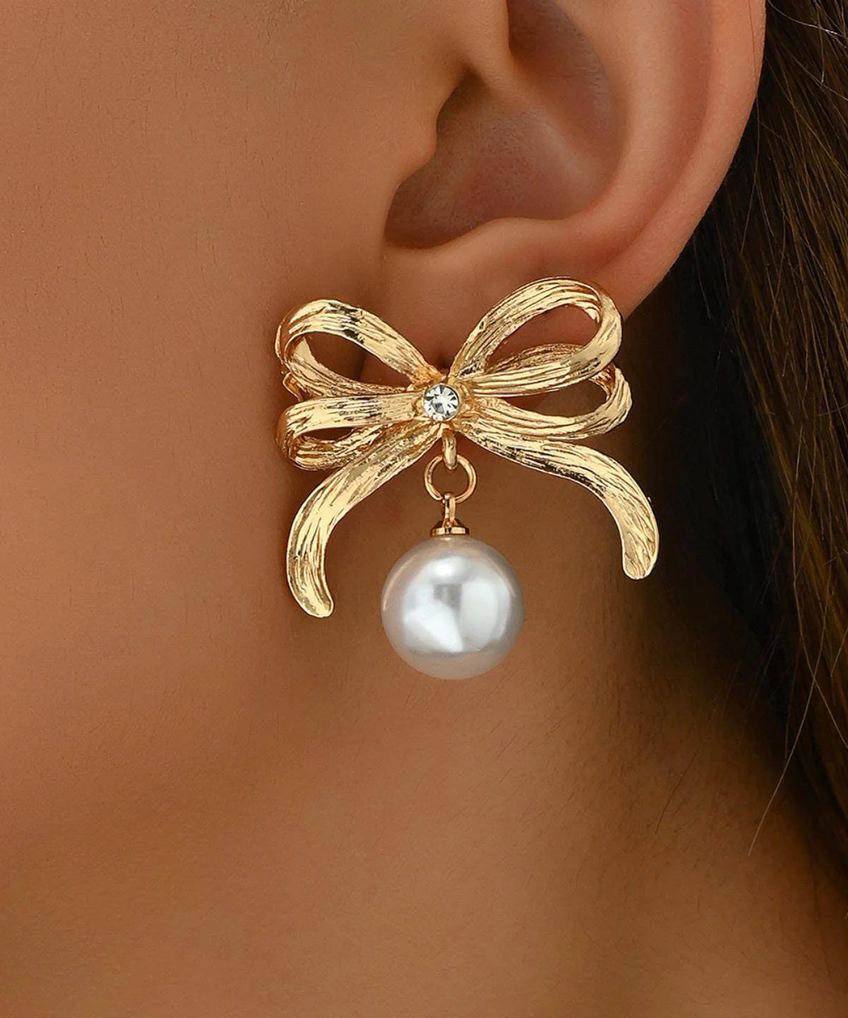 Stylish Gold Copper Overgild Zircon Bow Pearl Drop Earrings - Image 3