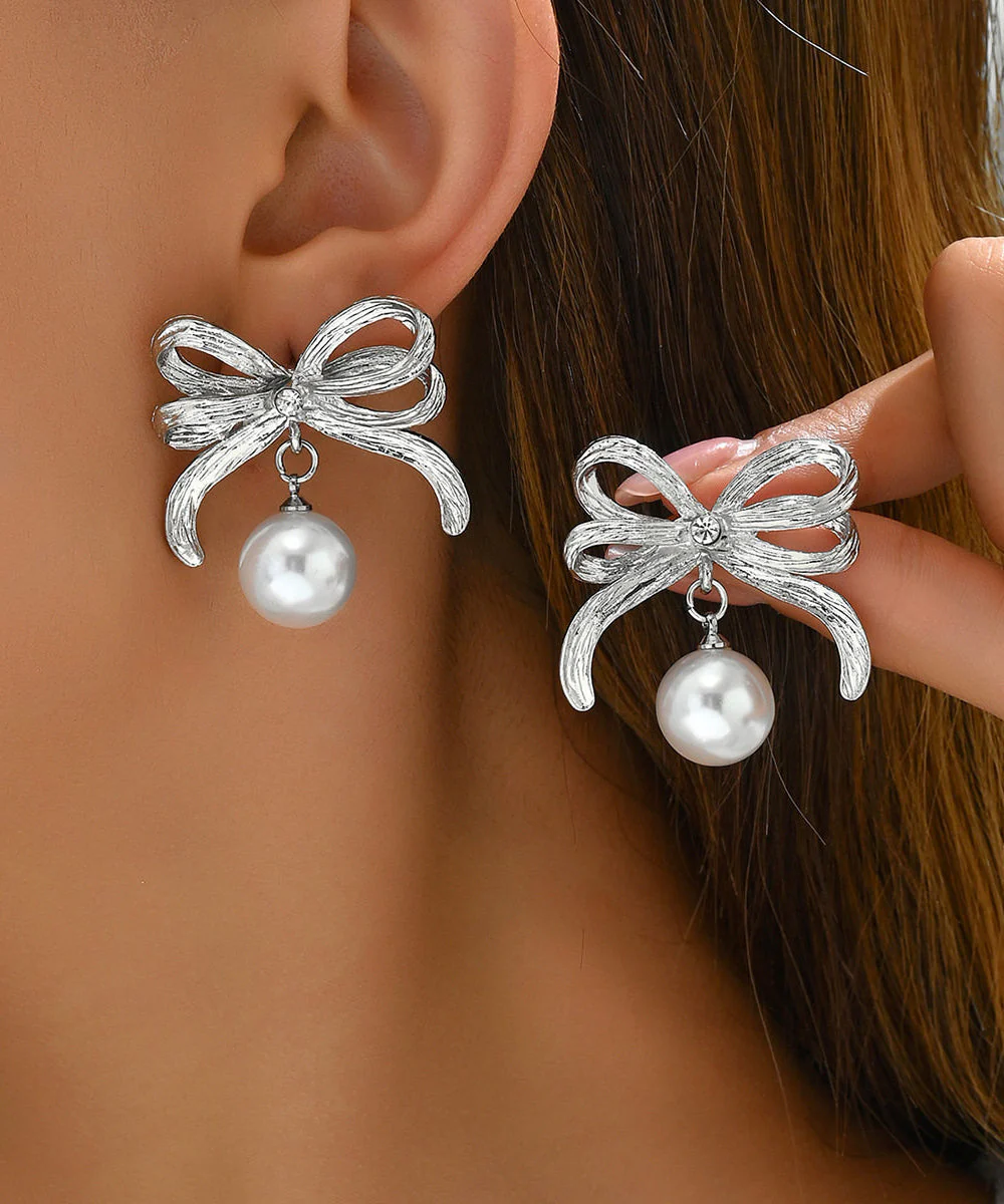 Stylish Gold Copper Overgild Zircon Bow Pearl Drop Earrings - Image 4
