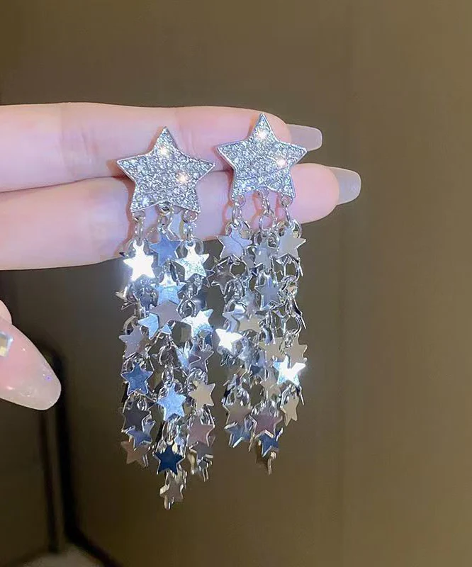 Stylish Gold Copper Overgild Zircon Pentagram Tassel Drop Earrings - Image 2