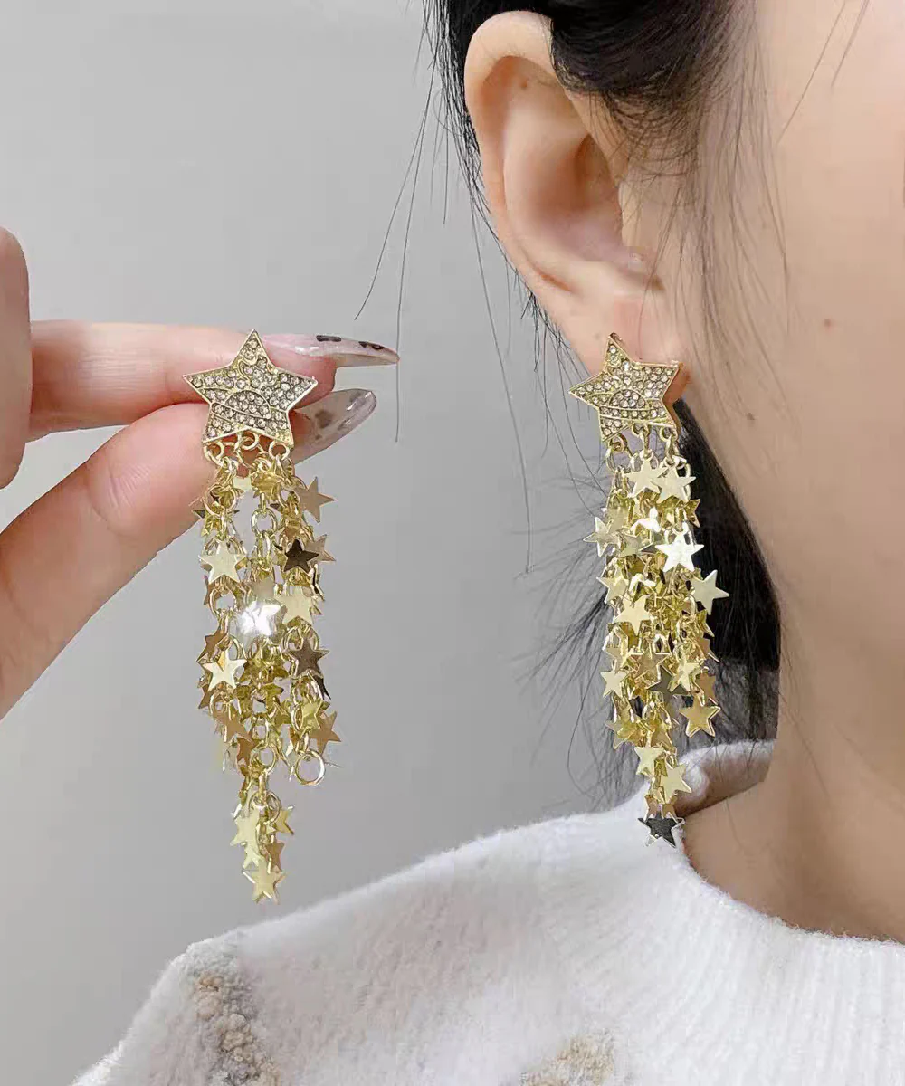 Stylish Gold Copper Overgild Zircon Pentagram Tassel Drop Earrings - Image 3