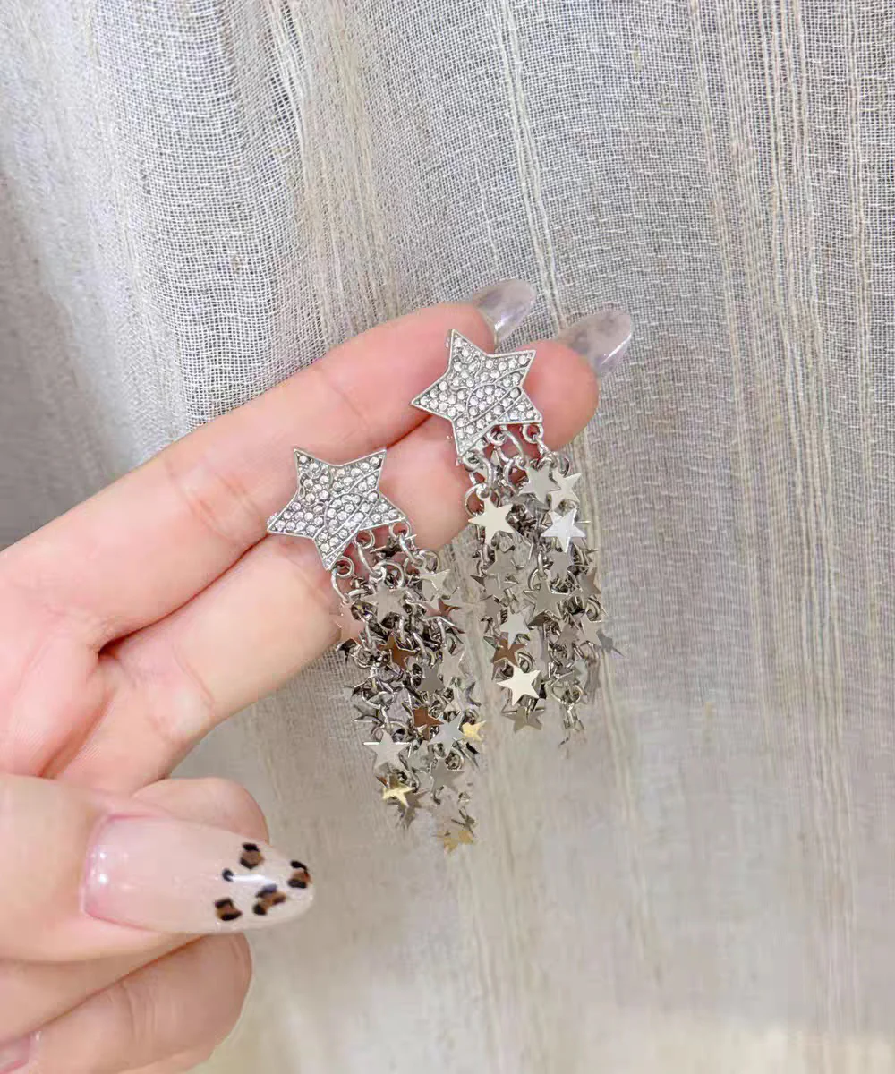 Stylish Gold Copper Overgild Zircon Pentagram Tassel Drop Earrings - Image 4