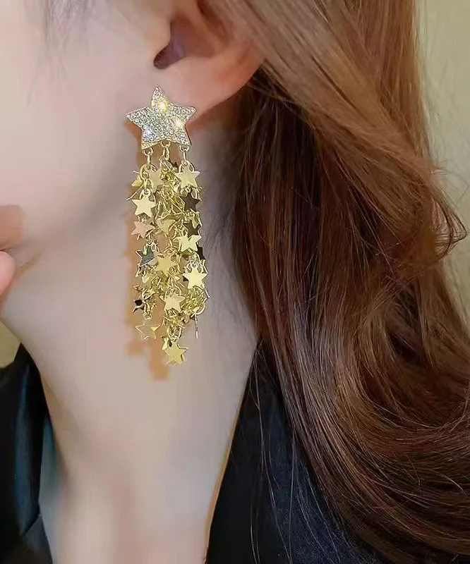 Stylish Gold Copper Overgild Zircon Pentagram Tassel Drop Earrings - Image 5