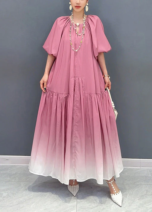 Stylish Gradient Pink Puff Sleeve Wrinkled Patchwork Cotton Long Dresses