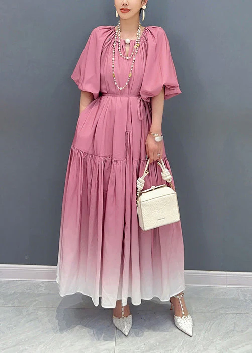 Stylish Gradient Pink Puff Sleeve Wrinkled Patchwork Cotton Long Dresses - Image 2