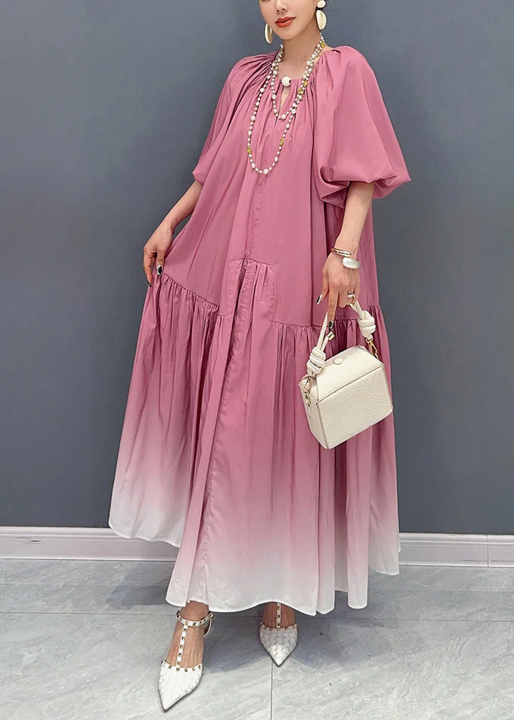 Stylish Gradient Pink Puff Sleeve Wrinkled Patchwork Cotton Long Dresses - Image 3