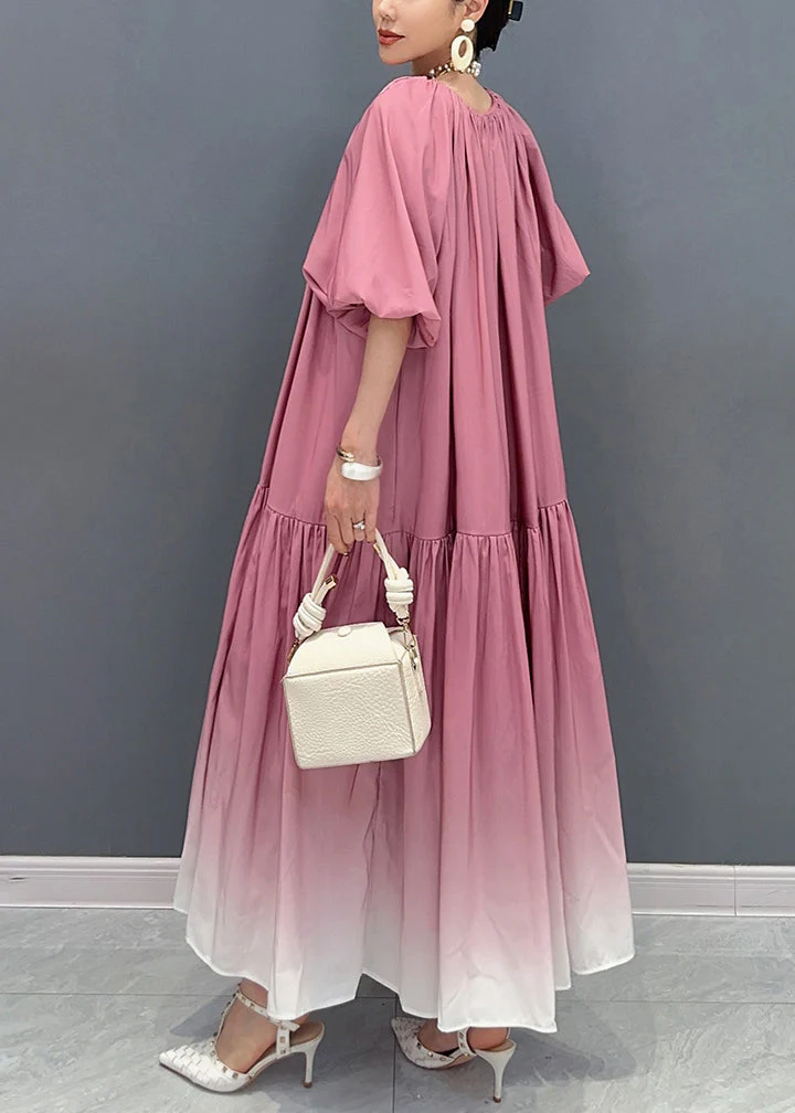 Stylish Gradient Pink Puff Sleeve Wrinkled Patchwork Cotton Long Dresses - Image 4